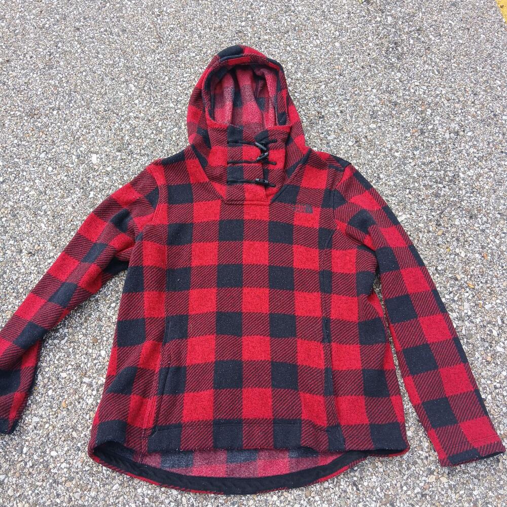 The North Face Hoodie Womens Large Red Black Plaid Fleece Pullover High Neck